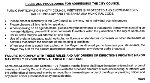 Santa Ana Public Comment Rules Investigation of Santa Ana Brown Act Violation referred to Attorney General