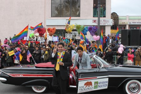 Rancho Santiago Community College District Trustee Jose Solorio exits his parade vehicle to join the peaceful demonstration by supporters of the Partnership of Vietnamese LGBT Organizations which was excluded from the 2013 Tet Parade. (Photo: Chris Prevatt)